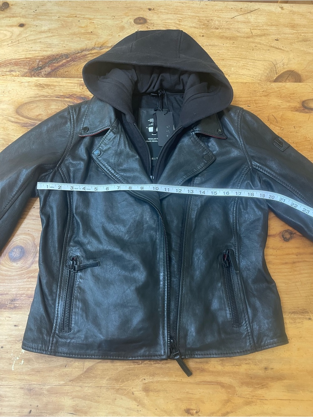 Mauritius Brand- Black Leather Zip-Front Jacket with Black Hooded Insert - Picture 4 of 9